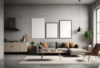 A stylish living room with modern furniture, a kitchen in the background,  and a blank poster on a concrete wall. 3D Rendering