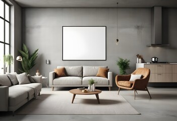A stylish living room with modern furniture, a kitchen in the background,  and a blank poster on a concrete wall. 3D Rendering