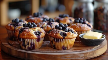 A plate of blueberry muffins with a side of butter..illustration graphic
