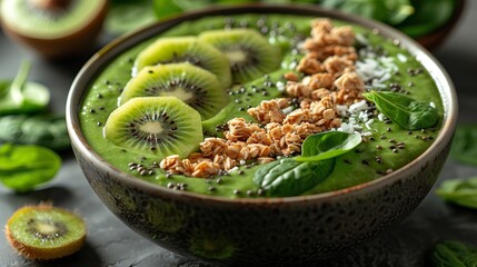 A smoothie bowl with blended spinach and kiwi, topped with granola and coconut flakes..stock photo