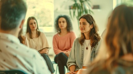 Group therapy session in bright room during midday with diverse attendees.