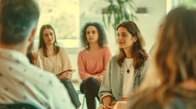 Group therapy session in bright room during midday with diverse attendees.