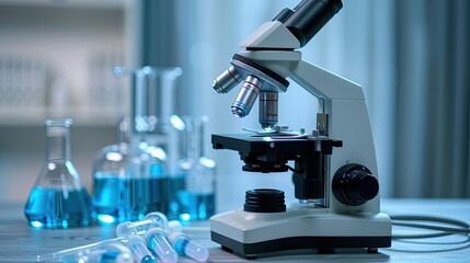 Biology and science concept with microscope and laboratory equipment 