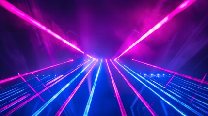 Against a deep black background, beams of bright blue and violet laser light shine, creating a vibrant and energetic display. The interplay of the two colors against the darkness enhances 