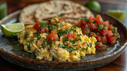A plate of migas with scrambled eggs, tortillas, cheese, and salsa..stock image