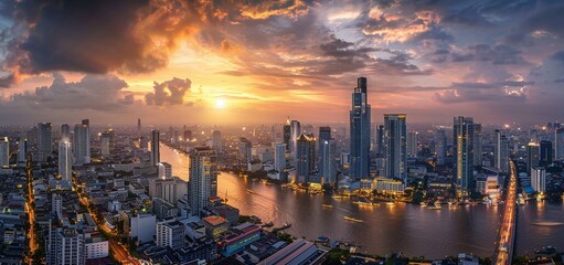 bustling energy of a cityscape at twilight. as the sun dips below the horizon and casts a golden glow over the skyline.