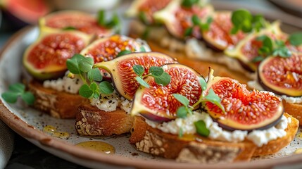 A plate of ricotta toast with honey and figs..stock image