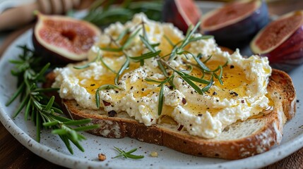 A plate of ricotta toast with honey and figs..illustration graphic
