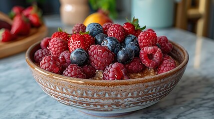 A bowl of almond flour porridge with berries and a drizzle of maple syrup..stock photo