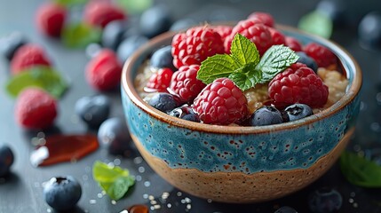 A bowl of almond flour porridge with berries and a drizzle of maple syrup..stock image