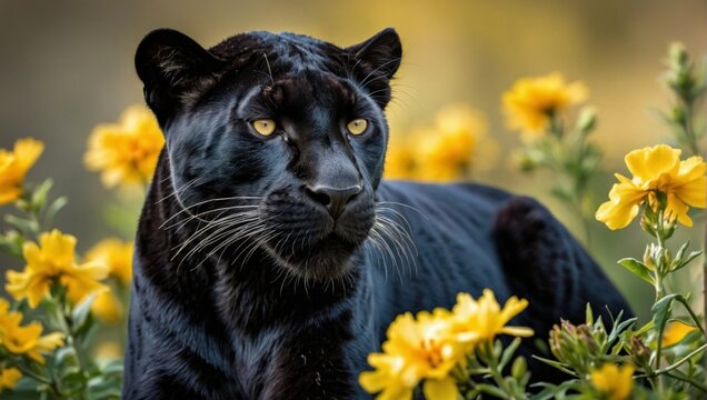 black panther among flowers