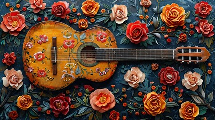 vintage collage art with a guitar in the middle, and colorful oaxacan embroidery patterns with red and white roses valentine's hearts, hearts, minimalistic, vintage Icelandic midsummer floral art with - Powered by Adobe