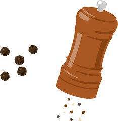 木製のペッパーミルと粒黒コショウ