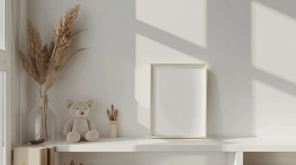 cute children toys a bear doll and a frame on a white wall