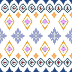  Embroidered ikat flower pattern on white background, Thai Asian pattern pattern. traditional ikat Abstract vector illustration, Aztec style design for textures, clothes, wraps, dec