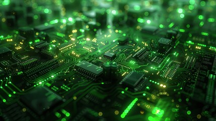 Close-up of a green lit motherboard with circuits and microchips, depicting advanced technology and intricate design in electronics.