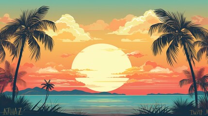 Obraz premium Scenic view of a tropical sunset with palm trees and the sun dipping below the horizon.