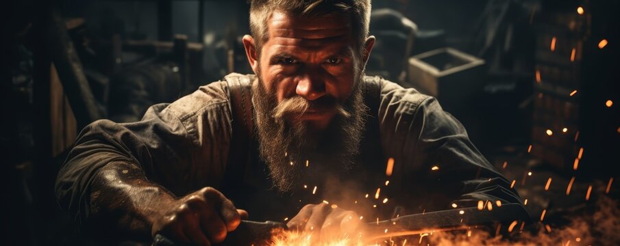 Focused blacksmith working on metal with sparks flying in a dimly lit workshop, showcasing craftsmanship and traditional techniques.