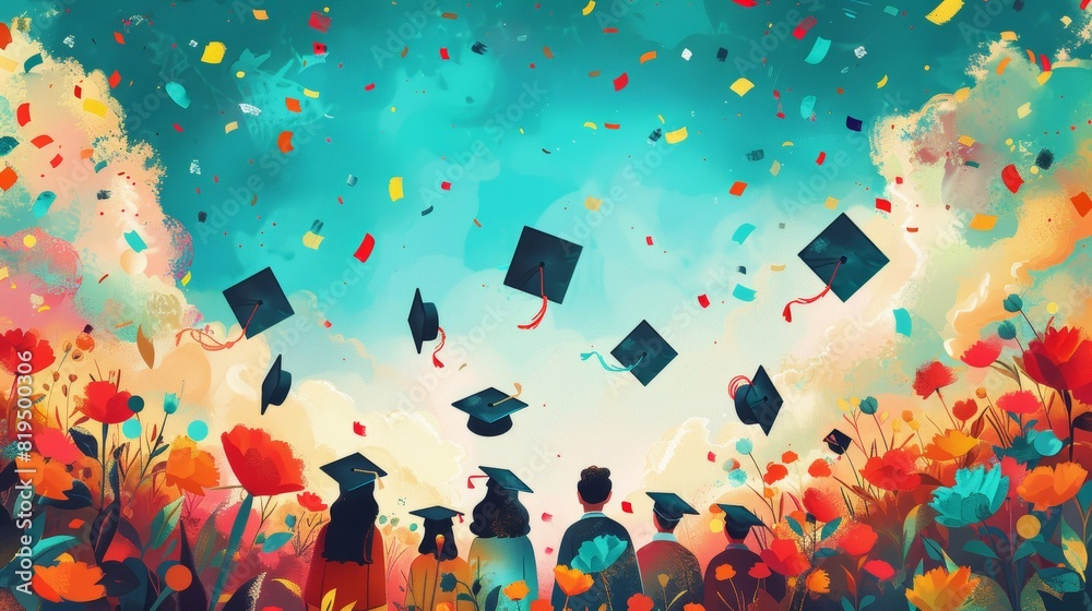 Wall mural colorful illustration of a joyful graduation ceremony with graduates throwing caps in the air agains