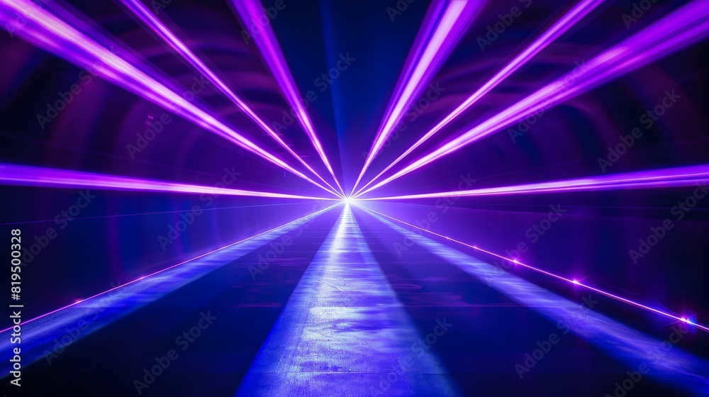 Poster Blue and violet laser beams illuminate the black background, forming a striking and vivid light display. The beams' brilliance and the stark contrast with the dark backdrop create a captivating