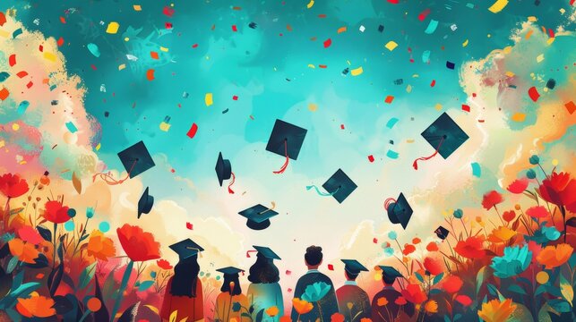Colorful illustration of a joyful graduation ceremony with graduates throwing caps in the air against a vibrant background.