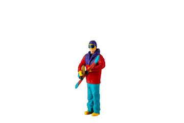 Miniature people , A skier full length Isolated with clipping path