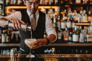 Bartender pouring cocktail. Copy Space. Free Space.