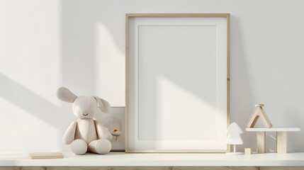 cute children toys a bear doll and a frame on a white wall