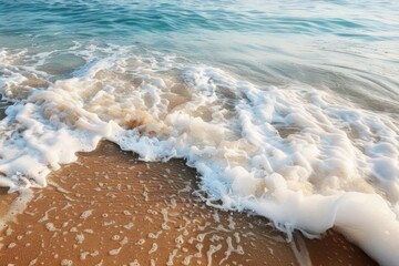 Beautiful sandy beach and soft blue ocean wave. Copy Space. Free Space.