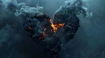 the broken black heart of cooling  coals with smoke on a black background, generative Ai - Powered by Adobe