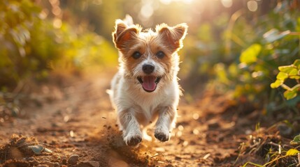 A joyful dog runs along a sunlit forest path, surrounded by lush greenery and basking in the warm golden light.