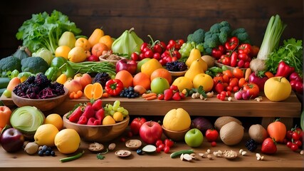 A wooden table covered in a vibrant assortment of fruits and vegetables that highlights regional...