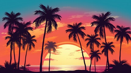 Beautiful sunset over a tropical landscape with palm trees, Scenic tropical sunset with palm trees