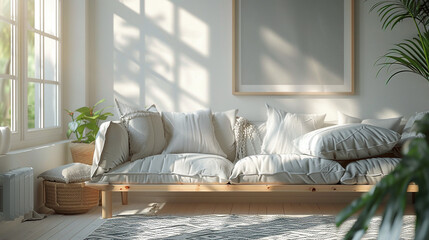 Scandinavian living room bathed in sunlight, featuring a light wood sofa and plush gray pillows.