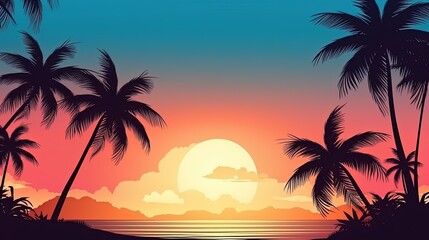 Obraz premium Beautiful sunset over a tropical landscape with palm trees, Scenic tropical sunset with palm trees