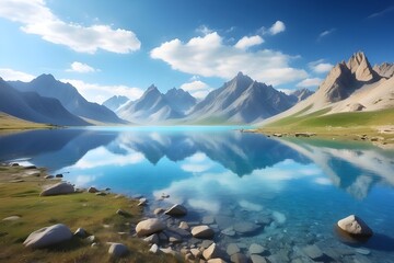 A serene mountain landscape with a clear blue lake reflecting the peaks and sky, captured in HD