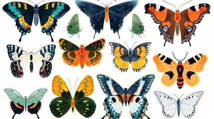Collection of elegant exotic butterflies and moths isolated on white background Set of tropical flying insects with colorful wings Bundle of decorative design elements Flat vector illustration,