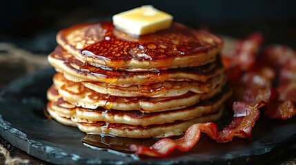 A stack of buttermilk pancakes with butter and a side of crispy bacon..stock image
