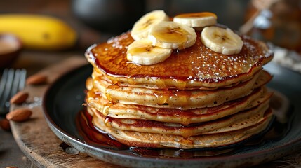 A stack of protein pancakes with almond butter and sliced bananas..stock photo