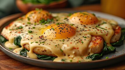 A plate of eggs Florentine with spinach and hollandaise sauce..stock image