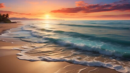  A tranquil beach at sunset with waves gently lapping the shore and the sky ablaze with colors, captured in HD --