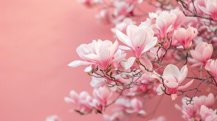 A pastel pink wall serves as a backdrop to a stunning magnolia display.