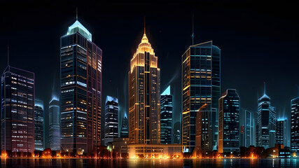 Obraz premium Glossy and artistic neon light effect urban landscapes of modern towering cities and Skyscrapers or Artistic textures and futuristic townscapes ai generative