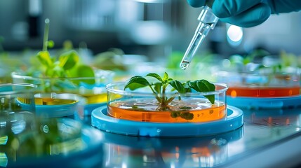 Close-up of a scientist's hands inspecting plant growth in petri dishes under lab conditions, research and development. Scientist Examining Plant Growth in Lab
Close-Up of Researcher Inspecting Plants