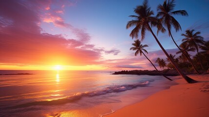 Gorgeous sunset on a tropical beach, palm trees swaying in the evening breeze.