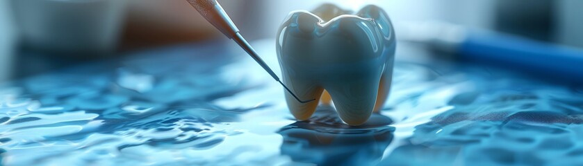 Closeup of a dental tool cleaning a tooth model on a water surface, representing dental hygiene and oral care.