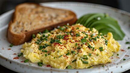 A plate of scrambled eggs with avocado slices and a side of toast..stock image