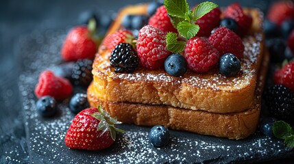 A French toast covered in powdered sugar and fresh berries..illustration graphic - Powered by Adobe