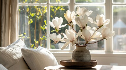 A touch of nature brings serenity to a sunlit room with magnolias.