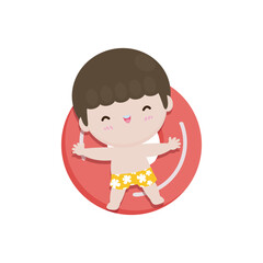 Cute kid in Swimsuit Floating on Rubber Ring on inflatable in top view, Swimming Pool party, cartoon character flat style vector illustration on white background